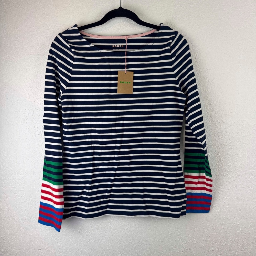 Boden Womens Navy White Striped Long Sleeve Boat Neck Top Multi Color Cuff US 6 - Picture 1 of 4